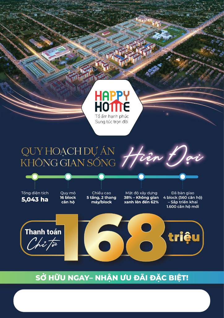 Flyer DTA Happy Home - Quy hoạch 5.043 ha, 16 block căn hộ, thanh toán từ 168 triệu