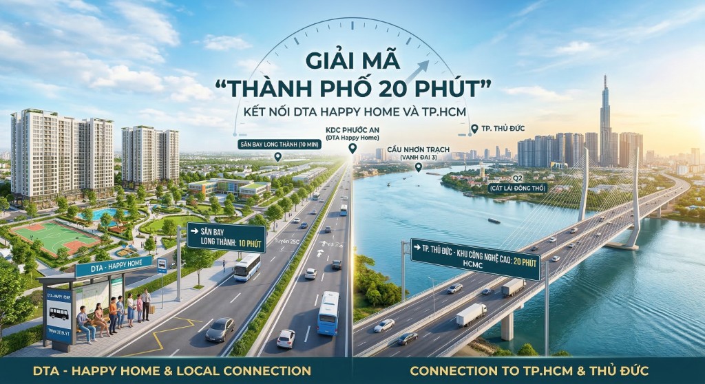 Sơ đồ kết nối DTA Happy Home với TP.HCM - Thành phố 20 phút, Cầu Nhơn Trạch, Sân bay Long Thành 10 phút, Thủ Đức Khu Công nghệ cao 20 phút