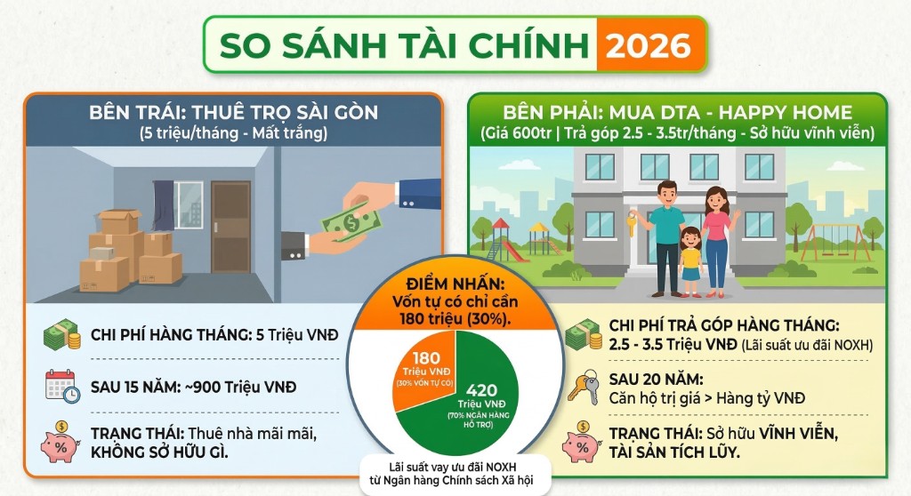 So sánh tài chính 2026: Thuê trọ Sài Gòn 5 triệu/tháng mất ~900 triệu sau 15 năm vs Mua DTA Happy Home trả góp 2.5-3.5 triệu/tháng, vốn 180 triệu (30%), sở hữu vĩnh viễn